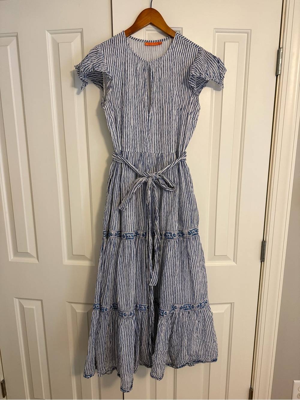 Oliphant Blue and White Flutter Sleeve Maxi Dress with Belt Size Small